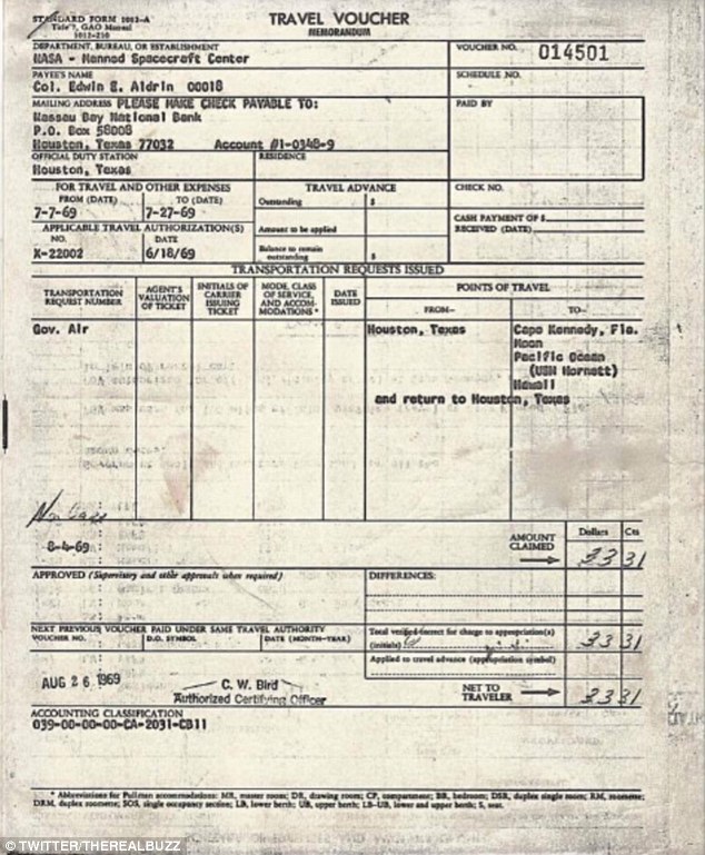  Bản sao của tờ hóa đơn cho chuyến du hành vũ trụ của Aldrin năm 1969. 