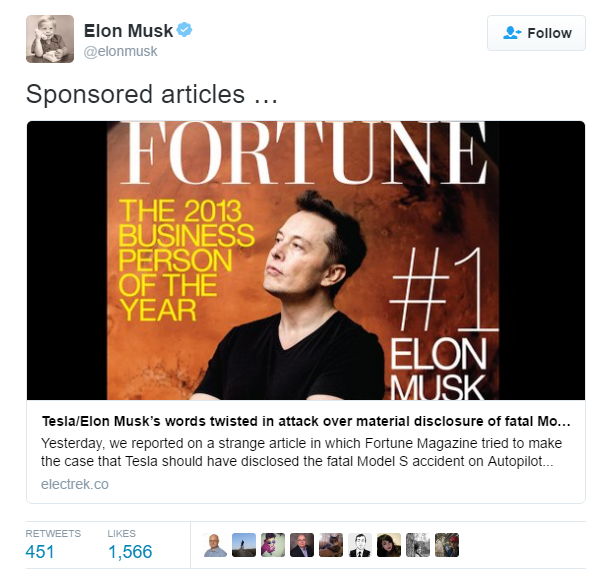 Elon Musk bảo vệ Autopilot một cách cực kỳ quyết liệt khi tuyên bố các bài viết tiêu cực của tạp chí Fortune là do bên thứ ba tài trợ.
