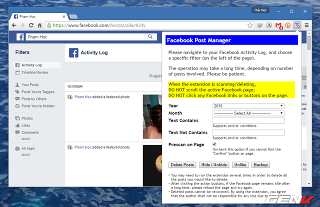  Tại trang Activity Log, bạn hãy nhấn vào biểu tượng Facebook Post Manager để truy cập vào menu lựa chọn của nó. 