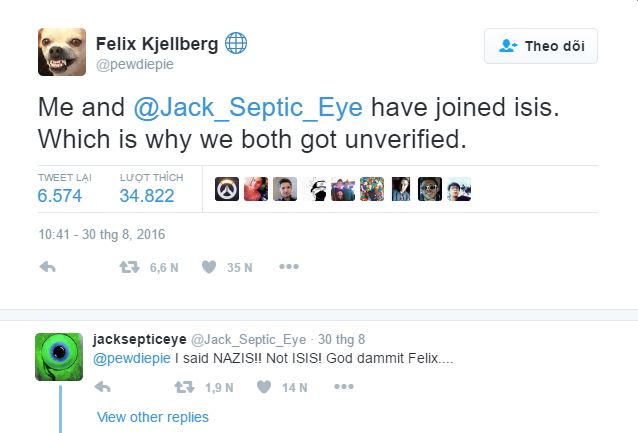 Tweet đùa cợt của PewDiePie thậm chí còn được Jack Septic Eye hưởng ứng một cách nồng nhiệt