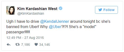  Tối nay tôi vừa mới phải lái xe đưa Jenner ra ngoài bởi cô bé bị Uber cấm. Tại sao Uber?!?! Cô bé là một siêu mẫu cơ mà? 