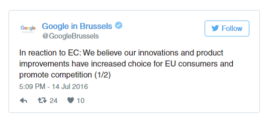  Goolgle: Phản ứng đối với EC: Chúng tôi tin rằng sự cải tiến và nâng cao sản phẩm đã làm tăng lên các sự lựa chọn cho người dùng ở EU và khuyến kích cạnh tranh 