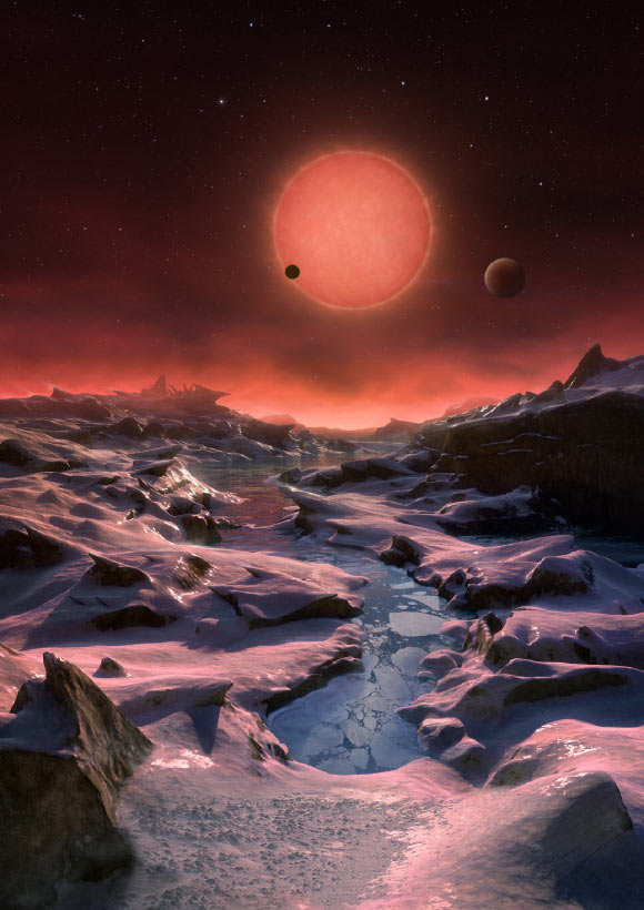  Hình ảnh mô phỏng TRAPPIST-1d, hành tinh xa nhất trong ba ngoại hành tinh xoay quanh sao lùn cực lạnh mới được phát hiện. Ảnh minh họa: ESO / M. Kornmesser 