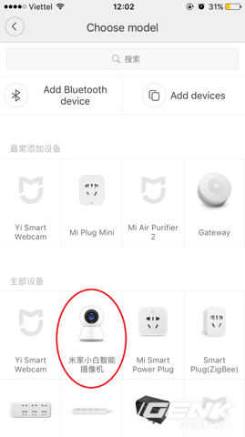  Chọn thêm thiết bị mới (add devices) và chọn Mijia camera 