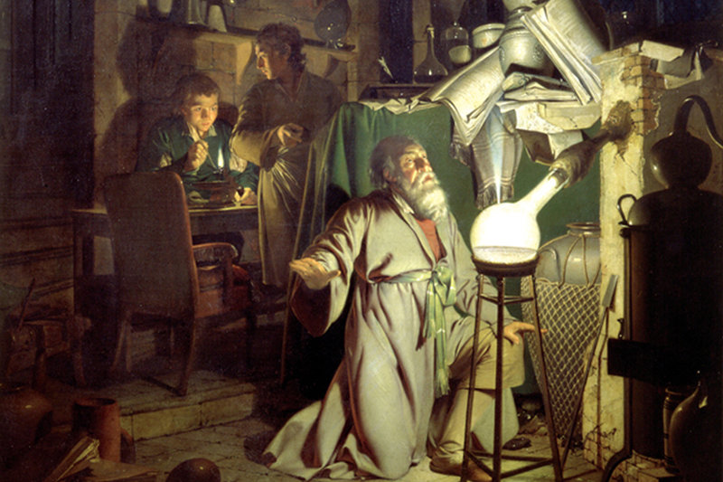  Bức vẽ của Joseph Wright, mô tả lại cảnh một nhà giả kim đang làm thí nghiệm. 