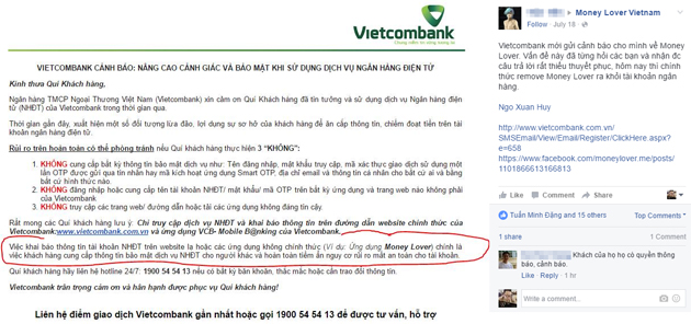 
Một người dùng Money Lover cũng đã đăng tải email Vietcombank gửi về lên Facebook
