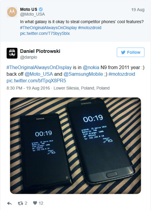  #TheOriginalAlwaysOnDisplay có ở trên @Nokia N9 từ năm 2011 đấy nhé :) @Moto_USA và @SamsungMobile ;) #motodroid 