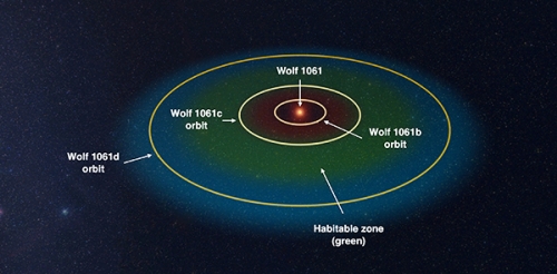  Vùng có thể sinh sống được của Wolf 1061 được mô tả bằng màu xanh. Ảnh minh họa: University of New South Wales 