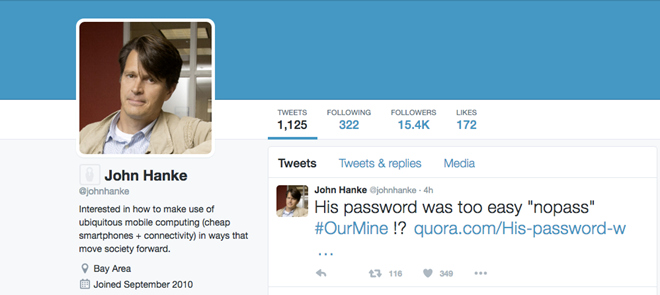  Sau khi hack thành công, tin tặc đã đăng dòng tweet chế giễu mật khẩu của John Hanke. 