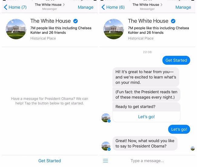 
Nhờ chatbot, người dân giờ đây có thể gửi tâm thư cho Tổng thống Obama qua Facebook.
