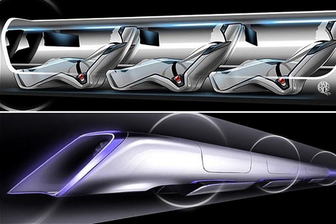  Hình minh họa bên trong và bên ngoài khoang vận chuyển hành khách trong ống của theo công nghê giao thông siêu tốc Hyperloop. Ảnh: CNN. 