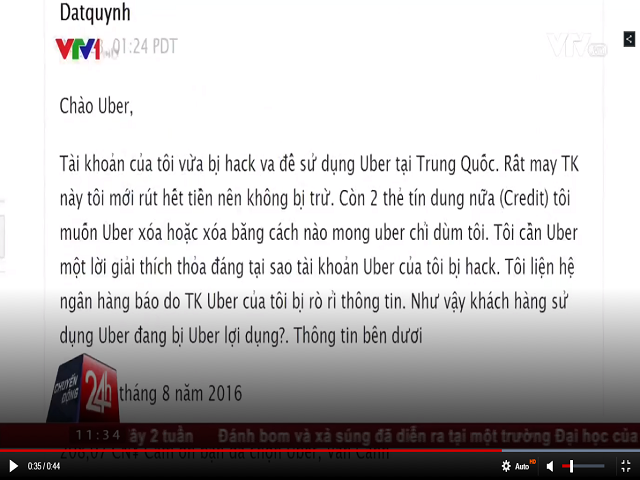  Liên hệ với ngân hàng, anh Cảnh được biết tài khoản Uber của anh bị rò rỉ thông tin (Nguồn: VTV) 