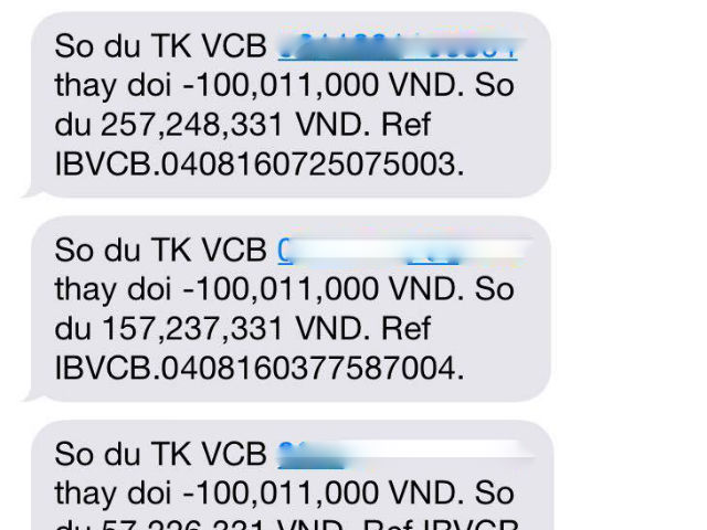  Vietcombank gửi tin nhắn về thay đổi số dư tài khoản của chị Hương với 4 lần giao dịch qua thẻ, 3 lần giao dịch qua InternetBanking mà không có mã OTP 