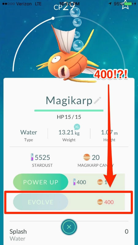  Cá biệt như trường hợp của Magikarp bạn cần tới 400 kẹo để tiến hóa. 