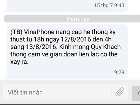  VinaPhone gửi SMS thông báo cho khách hàng về nâng cấp hệ thống 