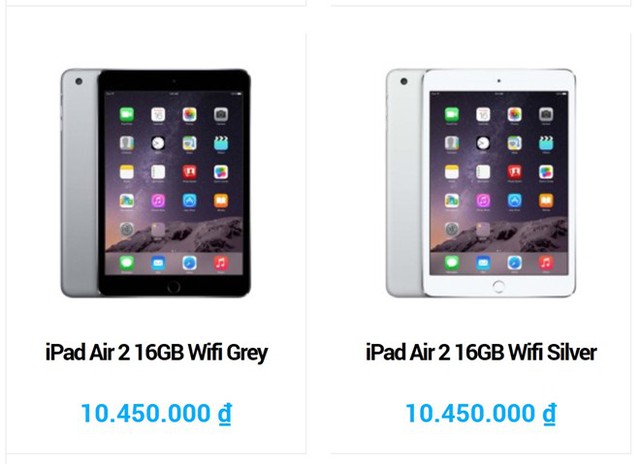 Giá bán iPad Air 2 tại một cửa hàng ở TP.HCM. Ảnh chụp màn hình.