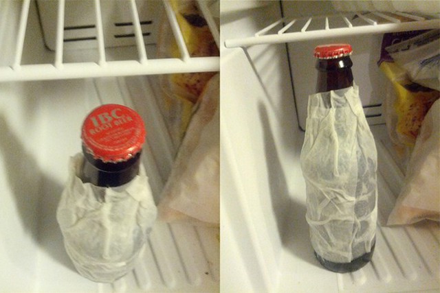 Wrap a wet paper towel around beer, and put it in the freezer to cool in just 2 minutes