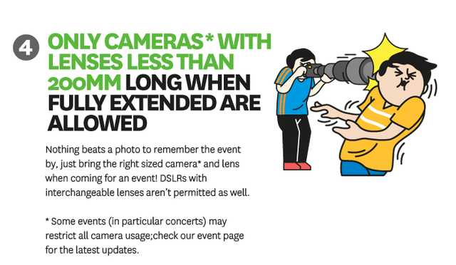 Máy ảnh dùng ống kính zoom 200mm cũng không được mang vào sân.