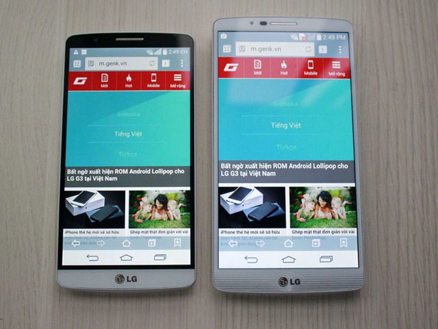 Về tổng thể, ngoại trừ kích thước thì thiết kế của LG G3 Screen (phải) và LG G3 (trái) rất giống nhau với màn hình viền siêu mỏng chiếm diện tích rất lớn phía trước. Có thể nói LG đã làm rất tốt việc tối ưu màn hình cho các smartphone của mình nên dù mang màn hình lớn nhưng cũng không quá cồng kềnh.