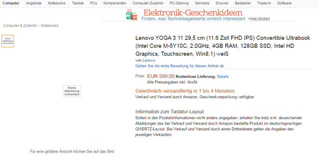 Thông tin về Lenovo Yoga 3 phiên bản 11 inch trên trang Amazon của Đức 