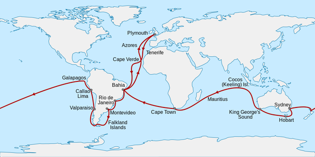 Route from Plymouth, England, south to Cape Verde then southwest across the Atlantic to Bahia, Brazil, south to Rio de Janeiro, Montevideo, the Falkland Islands, round the tip of South America then north to Valparaiso and Callao. Northwest to the Galapagos Islands before sailing west across the Pacific to New Zealand, Sydney, Hobart in Tasmania, and King George&apos;s Sound in Western Australia. Northwest to the Keeling Islands, southwest to Mauritius and Cape Town, then northwest to Bahia and northeast back to Plymouth.