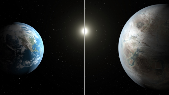 Kepler-452b bên phải, được ví như người anh của Trái đất.