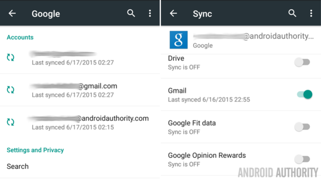 Android Accounts settings Google Sync
