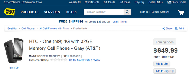 HTC One M9 price listed on Best Buy