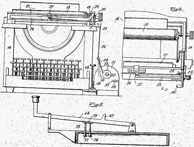 Bằng sáng chế máy đánh chữ của Robert Eugene Turner với cần gạt để trả về đầu dòng tiếp theo.