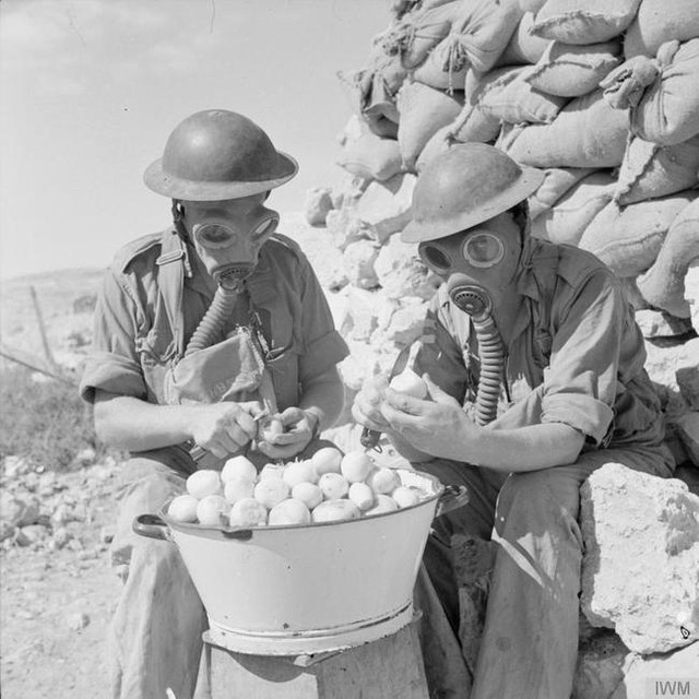 Những người lính sử dụng mặt nạ phòng độc để bóc hành tây (năm 1941).
