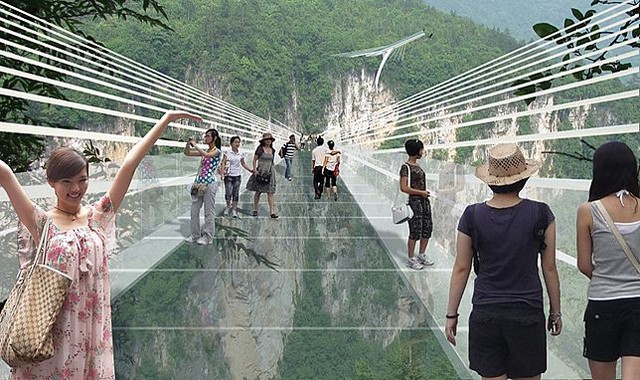 An artists concept of people walking across the glass bridge high above the Zhangjiajie canyon in China