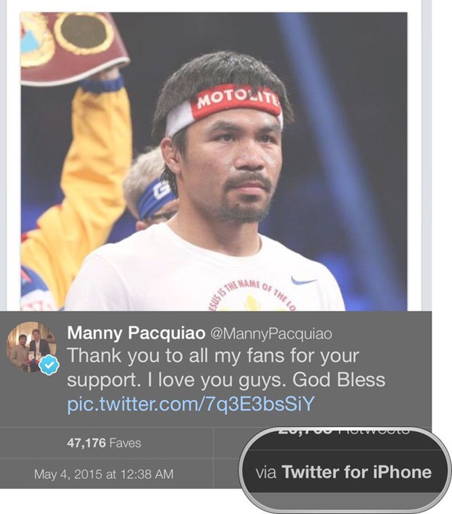 Pacquiao đăng bài cảm ơn người hâm mộ bằng ứng dụng Twitter cho iPhone. Ảnh: Twitter.