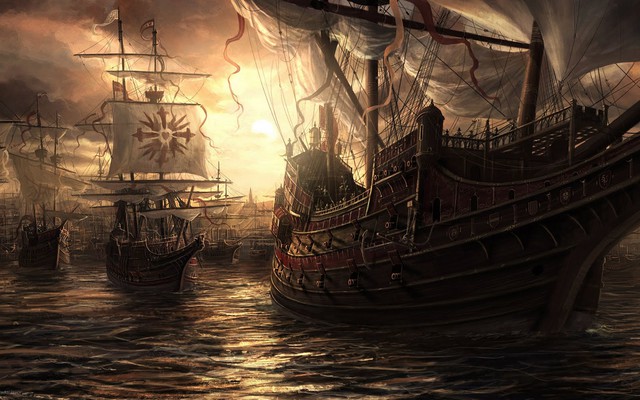 Columbus bắt đầu chuyến hành trình đầu tiên của mình từ bến cảng tại Palos de la Frontera, Tây Ban Nha.