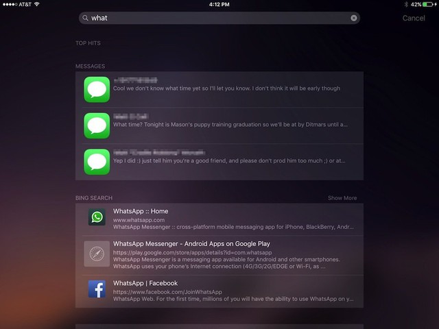 The new Search in iOS 9 looks through your text messages too, in addition to emails, web pages, apps, and more.