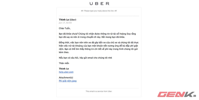 Email mà anh Tuấn nhận được từ Uber.