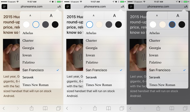  Trình duyệt Safari trong iOS 9 cho phép người dùng thay đổi màu phông nền sang xám hoặc đen để dễ đọc trong môi trường bóng tối hơn. Bạn chỉ cần bấm vào nút aA ở góc phải thanh địa chỉ sau đó chọn màu nền và phông chữ phù hợp với mình. 