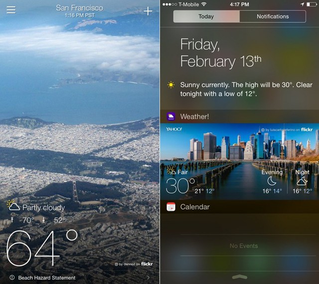 3. Yahoo Weather: Yahoo Weather được mệnh danh là ứng dụng thời tiết đẹp nhất trên iPhone, cung cấp cho người dùng thông tin dự báo thời tiết hàng giờ, hàng ngày với độ chính xác cao. Điểm nổi bật của nó nằm ở ngôn ngữ thiết kế đơn giản cũng như Yahoo sử dụng các bức ảnh có độ nét cao từ kho ảnh Flickr của họ. Với iOS 8, người dùng chỉ kéo màn hình từ phía trên xuống để thấy được widget về thời tiết từ Trung tâm Thông báo.