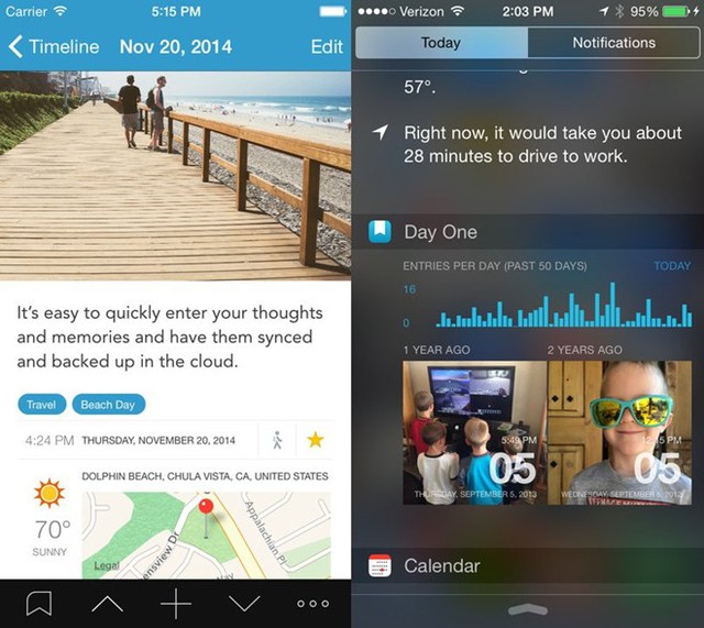 7. Day One: Day One là một ứng dụng viết nhật ký dành cho Mac và thiết bị iOS. Bằng bộ công cụ được cung cấp sẵn, người dùng dễ dàng viết những trang nhật ký sinh động đẹp mắt có đính kèm hình ảnh, video, ngày tháng.... Người dùng có thể đồng bộ hóa những gì mình viết từ Mac lên dịch vụ iCloud hoặc Dropbox để có thể xem chúng trên các thiết bị iOS và ngược lại. Hơn thế nữa, Day One còn cung cấp một hệ thống bảo mật khá tốt, cho phép người dùng thiết lập mật khẩu đối với những trang nhật ký cá nhân. Giờ đây, người dùng chỉ cần kéo Trung tâm Thông báo xuống để tạo nhật ký mới và xem lại những khoảnh khắc của mình trước đây.