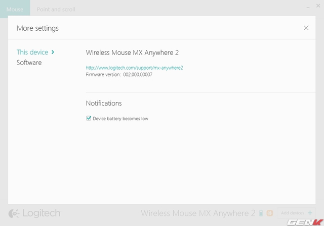 Thông tin firmware của chuột và cảnh báo khi mức pin còn lại trên chuột xuống mức low