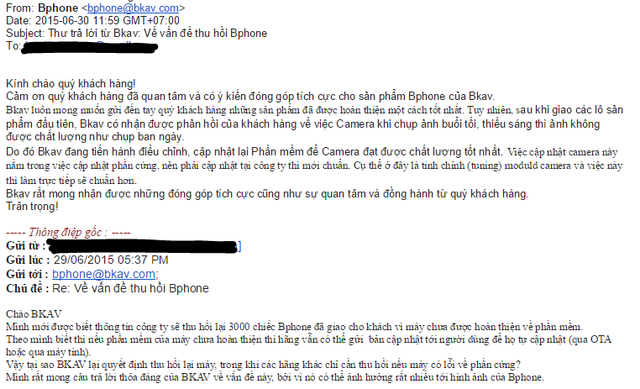 Email trả lời khách hàng của 1 nhân viên CSKH BKAV.