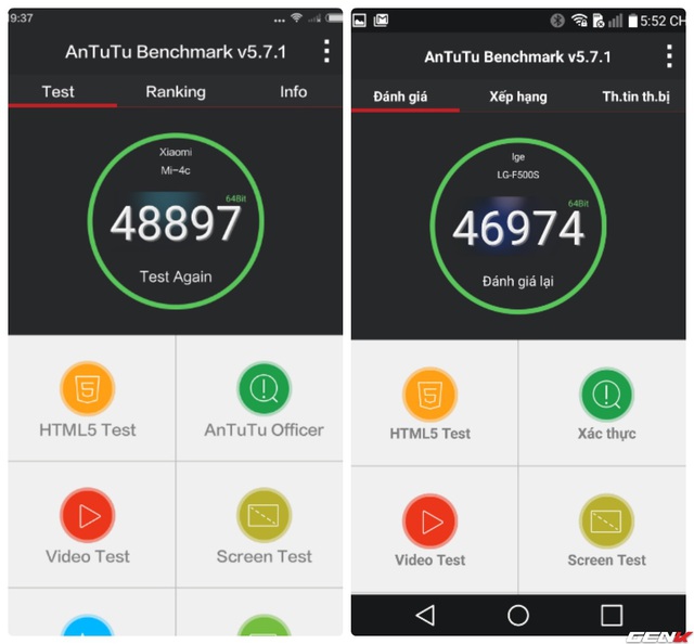  Bên trái là điểm số của mẫu Xiaomi Mi 4c, còn bên phải là LG G4 
