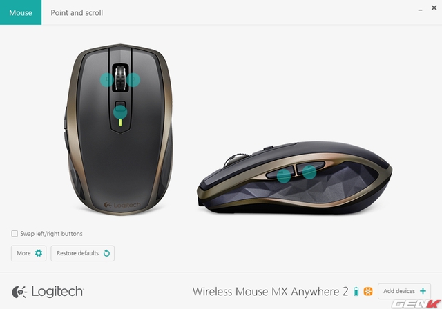  Giao diện của ứng dụng Logitech Options. Đầu tiên, bạn có thể chuyển đổi nút bên trái và bên phải (thường dành cho người thuận tay trái) và khôi phục lại thiết lập mặc định. 