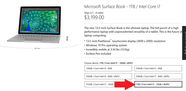   SurfaceBook max option có giá 3.199 USD 