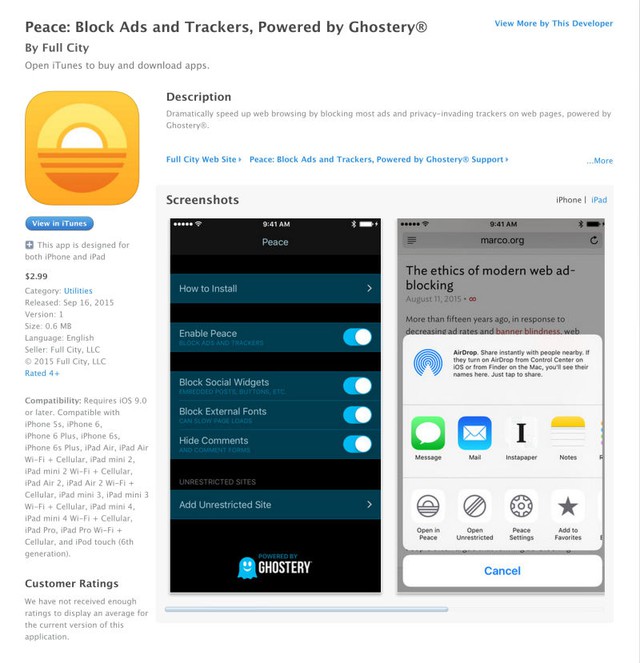  Peace - Ứng dụng chặn quảng cáo hàng đầu trên iOS 9 - hiện đã được gỡ khỏi App Store. 