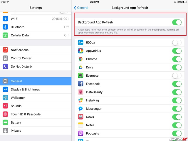  Gạt Background App Refresh sang OFF hoặc tùy chỉnh cho 1 số ứng dụng 
