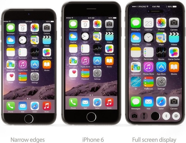 Hình ảnh so sánh iPhone 6 với hai bản concept: viền siêu mỏng (trái) và không viền (phải)