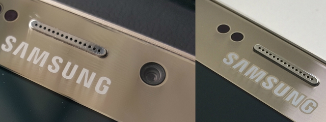 Những chiếc Galaxy S6 Edge mới sản xuất sẽ có logo mới của Samsung (bên trái)