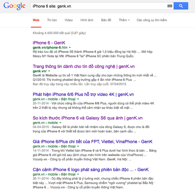 Ví dụ tìm từ khóa iPhone 6 chỉ trên genk.vn