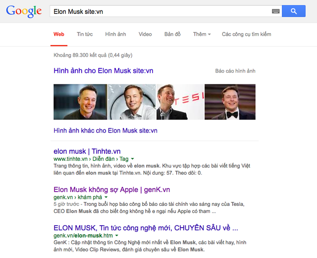 Ví dụ tìm kiếm từ khóa Elon Musk, giới hạn kết quả chỉ từ các websites của Việt Nam