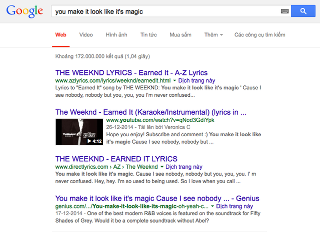 Nếu bạn chỉ nhớ một cụm từ trong lời một bài hát, gõ chúng vào Google để tìm tên của bài hát đó
